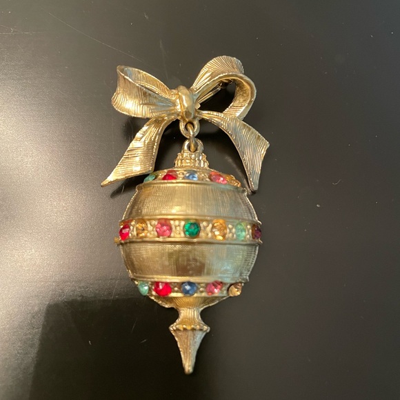 Jewelry - Vintage Dangling Ornament Brooch with Colorful Gem Accents